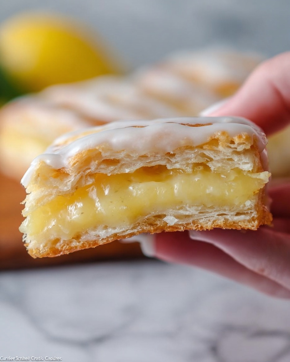 The image shows a close-up of a single pull-apart piece of a lemon pastry held by a woman's hand against a blurred background of the rest of the pastry. The pastry piece has three visible layers: a bottom crispy golden-brown flaky crust, a thick and glossy bright yellow lemon custard filling in the middle, and a smooth white icing layer on top with a slightly shiny texture. The background surface is white marbled texture with soft focus. Photo taken with an iphone --ar 4:5 --v 7