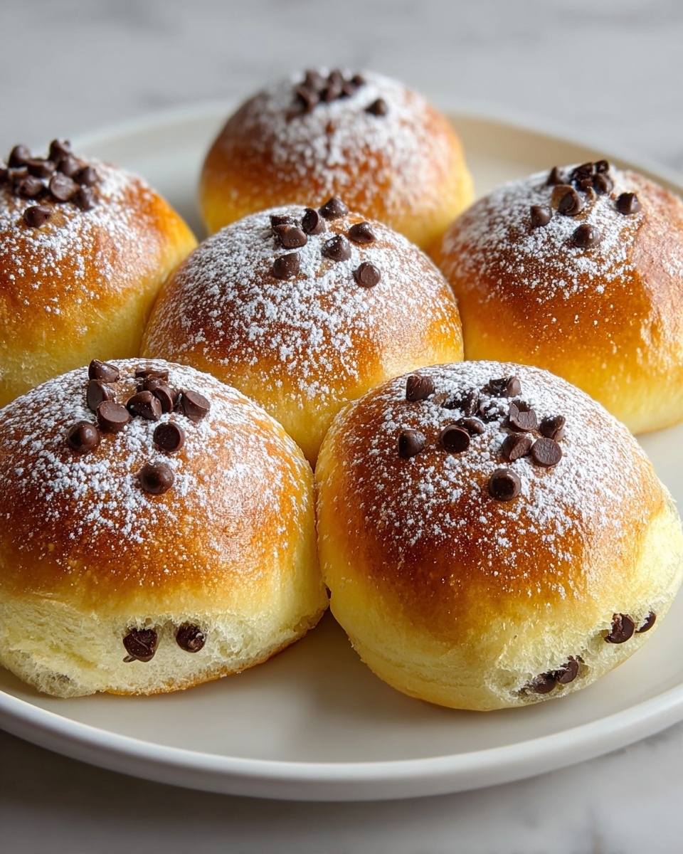 The image shows a plate with six round, golden-brown bread rolls arranged closely together. Each roll has a glossy, shiny surface with a rich brown top and a lighter yellowish bottom. The tops of the rolls are sprinkled with small dark chocolate chips and powdered sugar, adding texture and contrast. Some chocolate chips are also embedded near the base of the rolls. The plate is white, sitting on a white marbled surface, giving a clean and bright look to the photo. photo taken with an iphone --ar 4:5 --v 7
