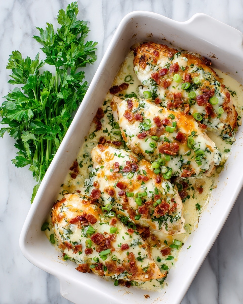 A white rectangular dish holds four large pieces of chicken breast layered with a creamy mixture full of melted orange and white cheese, green chopped scallions, and small crispy bacon bits. The cheese topping is gooey and covers each chicken piece evenly, with small green onion slices scattered on top for color contrast. The edges of the dish show a mix of bubbling melted cheese and creamy sauce. Fresh parsley is placed nearby on a white marbled surface, adding a touch of green to the scene. photo taken with an iphone --ar 4:5 --v 7