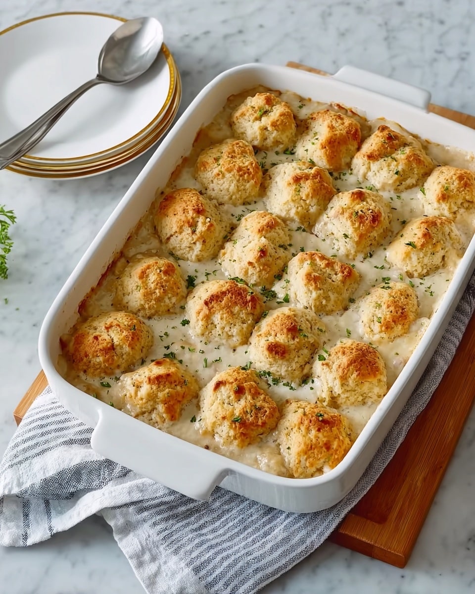 A white rectangular baking dish filled with a creamy casserole topped with 24 golden-brown biscuit pieces arranged in four neat rows and six columns. The biscuits have a slightly rough texture with browned tops showing a light, crispy crust, sprinkled with small green herb bits. The creamy sauce underneath is thick and white, bubbling softly around the biscuits. The baking dish sits on a wooden board on top of a white marbled surface, next to a silver spoon and a stack of white plates with gold trim on the left side. A white cloth with blue stripes is partly visible underneath the dish. photo taken with an iphone --ar 4:5 --v 7