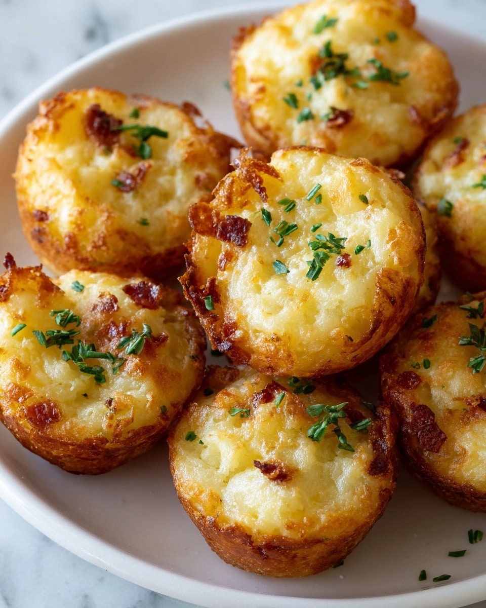 A close-up view of nine golden brown baked potato puffs arranged closely on a round white plate. Each puff has a slightly crispy and crunchy texture on the outside with a soft, creamy, and slightly uneven surface inside, showing a mix of light yellow and white tones. Small bits of browned edges add texture and darker golden patches, while finely chopped green herbs are scattered on top of each puff, enhancing their fresh look. The plate sits on a white marbled surface, visible at the plate edges and in the background. photo taken with an iphone --ar 4:5 --v 7