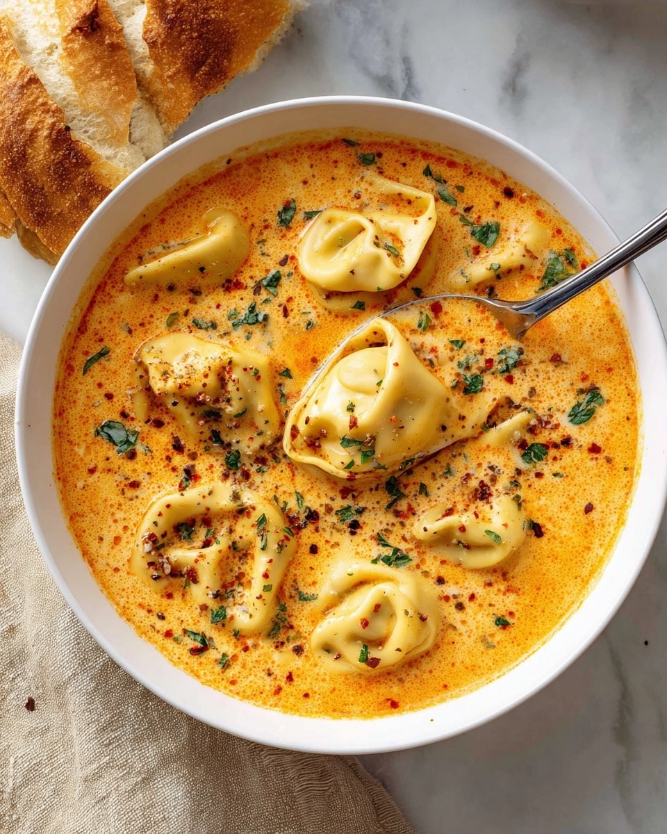 A close-up of a pan filled with creamy orange tomato soup with folded tortellini pasta floating in it, topped with melted shredded cheese and a sprinkle of chopped green parsley. The soup has small bubbles and specks of black pepper sprinkled over the surface, adding texture and contrast. The pan sits on a beige cloth, and the background shows a white marbled surface. photo taken with an iphone --ar 4:5 --v 7