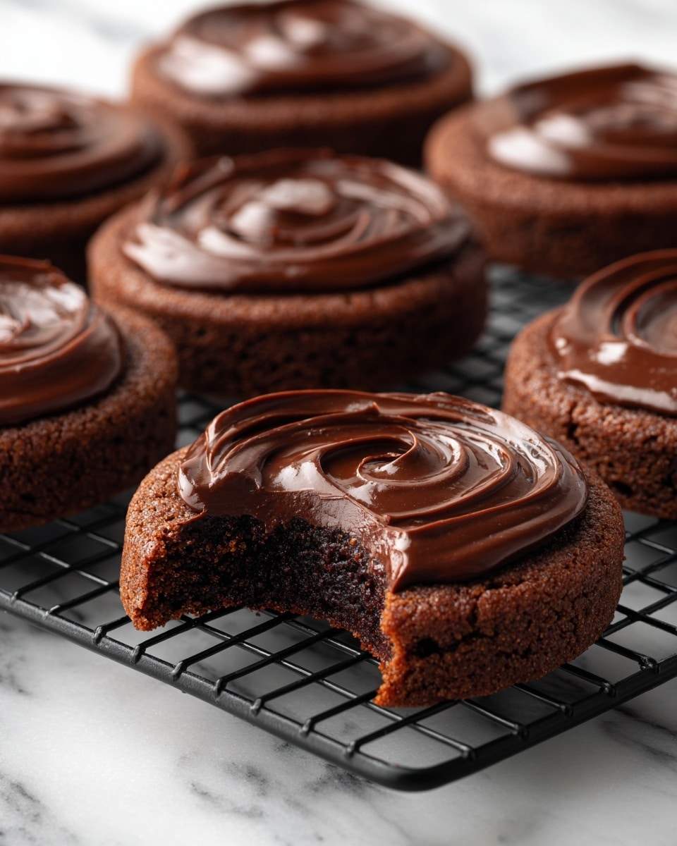 A close-up view of a stack of three chocolate cookies on a white marbled surface. Each cookie has a smooth, shiny layer of dark chocolate on top, with the top cookie broken in half to show a soft, fluffy white marshmallow center inside a moist, dark brown cookie base. The cookies have a slightly cracked texture on their edges and a rich, glossy chocolate coating that looks thick and glossy. In the background, more cookies are blurred out, emphasizing the stack in front. photo taken with an iphone --ar 4:5 --v 7