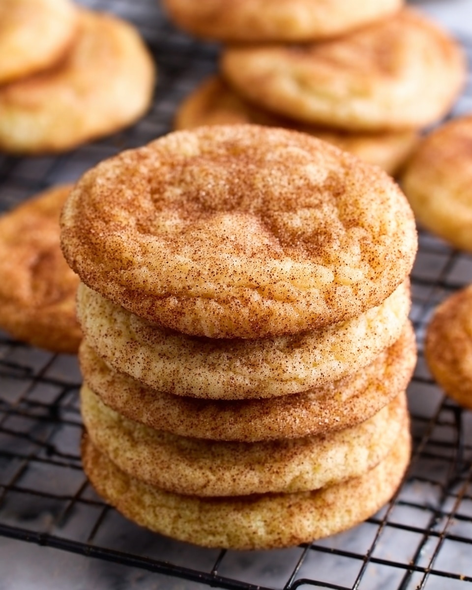 A close-up image showing a stack of seven round cookies with a slightly cracked surface, each cookie covered with a light dusting of brown cinnamon sugar, giving them a warm, soft texture. The cookies have a golden-brown color and look soft and chewy. In the background, more cookies rest on a black cooling rack, slightly out of focus. The whole scene is set on a white marbled surface. Photo taken with an iphone --ar 4:5 --v 7