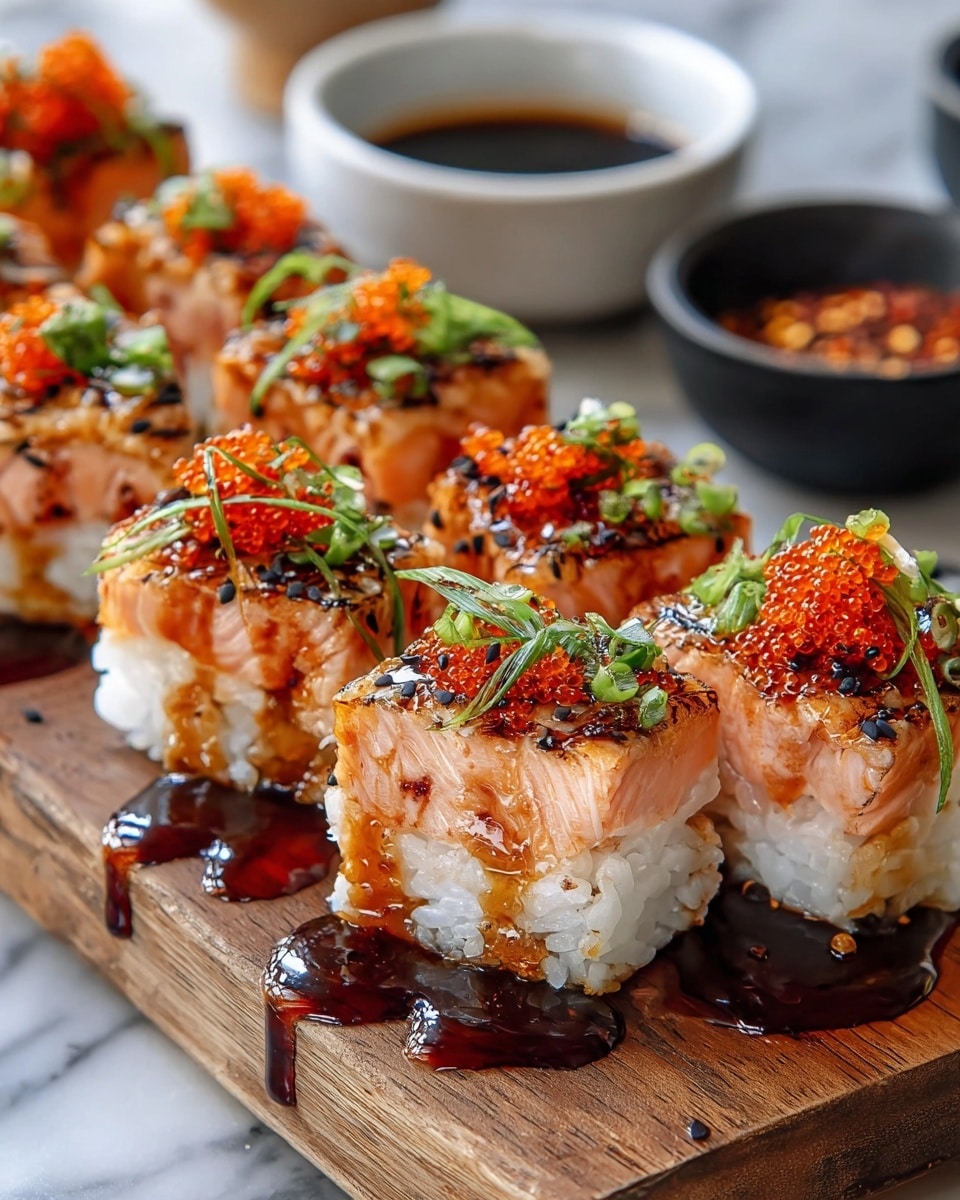The image shows several square pieces of sushi neatly arranged on a wooden board. Each piece has three main layers: a bottom layer of white sticky rice, a middle layer of light pink grilled salmon with a slightly charred glaze, and a top layer decorated with bright orange fish roe, green chopped scallions, and sprinkled black and white sesame seeds. A dark, glossy sauce is drizzled over the sushi and pooling on the wooden board beneath. In the blurry background, there are a white bowl of dark soy sauce and a black bowl with crushed red pepper flakes, all set against a white marbled texture. photo taken with an iphone --ar 4:5 --v 7