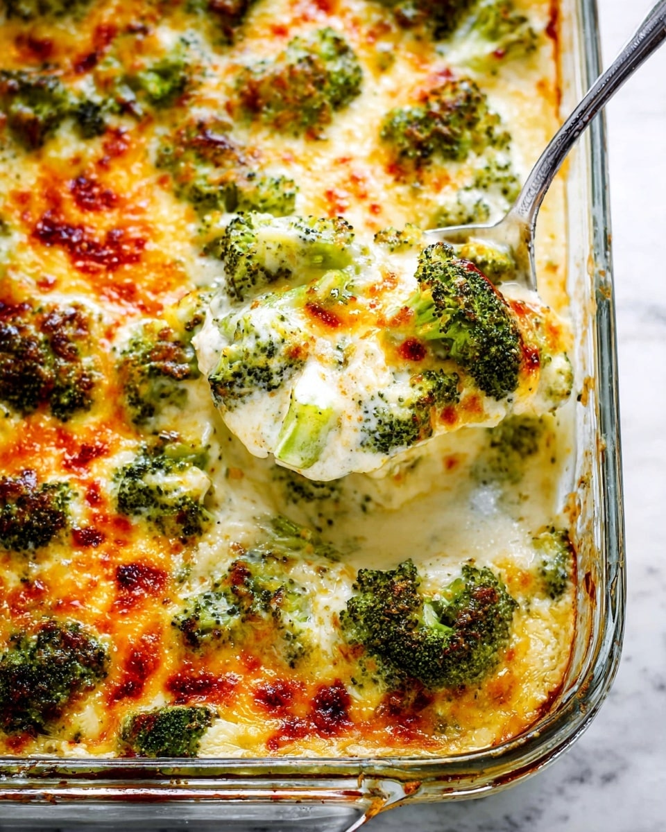 The image shows a glass baking dish filled with a cheesy broccoli casserole. The bottom layer appears creamy and soft with melted cheese throughout. Large green broccoli florets are spread evenly on top of the creamy base, partially covered by a golden melted cheese layer that has some browned spots, showing a crispy texture. A metal spoon is scooping a portion from the dish, revealing more broccoli and cheese underneath. The dish sits on a white marbled surface. photo taken with an iphone --ar 4:5 --v 7