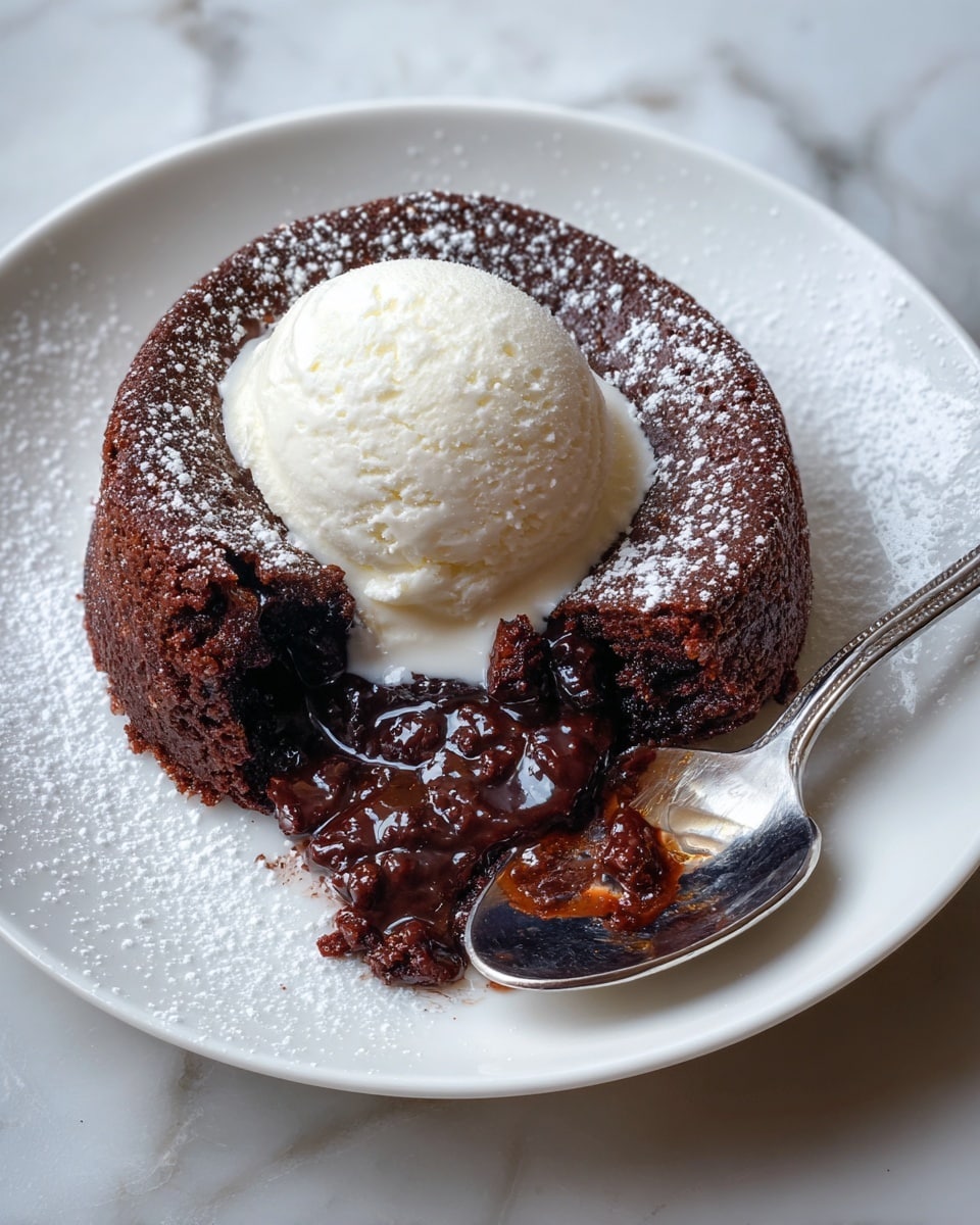 A white plate holds a dark brown molten chocolate cake with a cracked top exposing gooey, shiny, almost black melted chocolate underneath. On top of the cake sits a smooth, round scoop of white vanilla ice cream. To the right of the cake, a shiny silver spoon rests on the plate. The setting is a white marbled texture surface. photo taken with an iphone --ar 4:5 --v 7