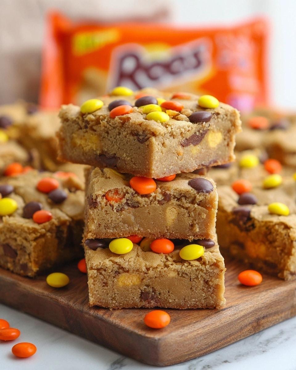 The image shows a stack of square blondies, about two to three layers high, each blondie having a golden-brown, soft, and slightly crumbly texture. The top surfaces of the blondies are studded with smooth, round candy pieces in bright orange, yellow, and dark brown colors, scattered unevenly. The stack sits on a wooden board, creating a warm contrast with the white marbled surface underneath. In the background, there is a blurry orange pack that hints at the candy brand. The focus is sharp on the top blondie pieces, showing the soft interior and the candy details clearly. Photo taken with an iphone --ar 4:5 --v 7