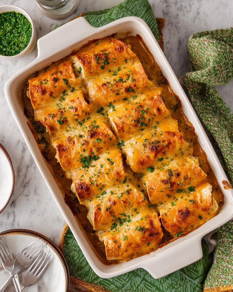 A white rectangular baking dish filled with 15 evenly spaced, golden-brown rolled enchiladas topped with melted cheese and sprinkled with finely chopped green herbs. The enchiladas have a slightly crispy texture with some areas showing a darker toasted color. The dish rests on a white marbled surface, with a green patterned cloth and a green oven mitt nearby. A small white bowl with green sauce and a white plate with forks and knives are partially visible at the edges. Photo taken with an iphone --ar 4:5 --v 7