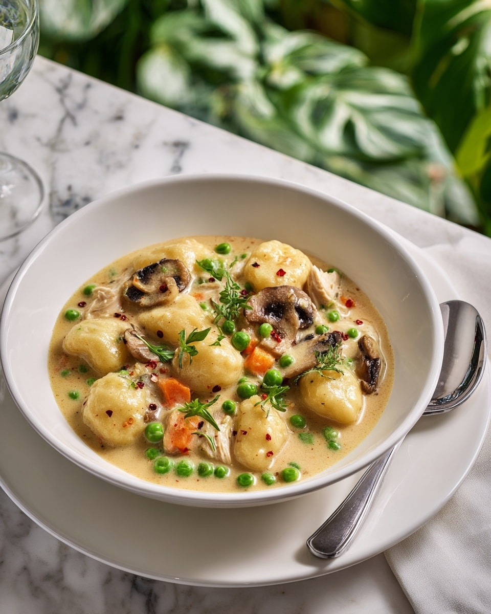 A close-up view of a creamy stew served in a white bowl, resting on a matching white plate with a metallic spoon beside it. The stew has soft, pale yellow potato pieces, bright green peas, small orange carrot chunks, and sliced brown mushrooms mixed in a thick, light beige sauce. Tiny green herb leaves are scattered on top, along with a sprinkle of black pepper, adding texture and color contrast. The background is slightly blurred but shows hints of green leafy vegetables on a white marbled surface. photo taken with an iphone --ar 4:5 --v 7