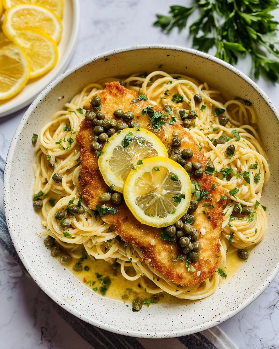 A white speckled bowl holds a serving of spaghetti pasta as the base layer, its smooth, pale yellow strands loosely twisted and mixed with small green capers and chopped parsley, giving a fresh, textured look. On top rests a golden-brown breaded chicken breast, evenly crisp and slightly glossy from a light sauce that pools subtly around the chicken and pasta. Lemon slices are arranged beneath and on top of the chicken, their bright yellow color and juicy, translucent texture adding contrast. A sprinkle of chopped parsley and capers covers the entire dish, enhancing color and texture. In the background, lemon slices on a white speckled plate and fresh parsley are visible on a white marbled surface. photo taken with an iphone --ar 4:5 --v 7