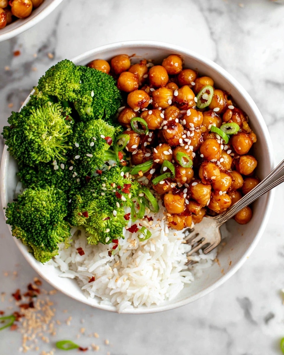 A white bowl is filled with three main layers: at the bottom is a layer of white rice with a slightly fluffy texture, topped on one side by bright green steamed broccoli florets with a fresh, bumpy surface, and on the other side by glossy golden-brown chickpeas coated in sauce, sprinkled with white sesame seeds and red chili flakes, plus small pieces of green sliced scallions. A silver fork rests inside the bowl, partly in the rice. The bowl sits on a white marbled surface with some scattered seasoning pieces around it. Photo taken with an iphone --ar 4:5 --v 7