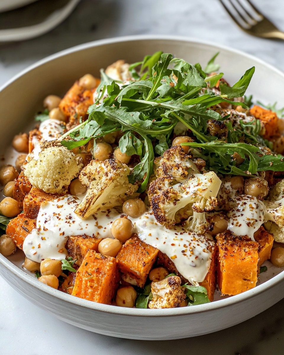 A white bowl holds a colorful dish layered with roasted orange sweet potato cubes at the base, scattered with light beige chickpeas. On top, there are white cauliflower pieces with a slightly charred texture, giving a crispy look. A creamy white sauce drips around the vegetables, adding a smooth contrast. The dish is sprinkled with a fine brown spice mix, giving a warm tone throughout. Bright green arugula leaves rest on the very top, adding freshness and color. The bowl sits on a white marbled surface, softly lit to bring out the natural colors of the food. photo taken with an iphone --ar 4:5 --v 7