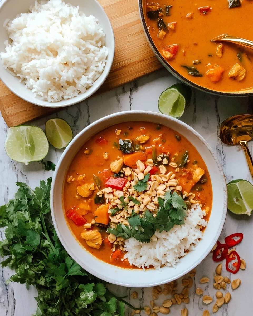 A white bowl filled with a rich orange curry containing chunks of chicken and visible pieces of red and green vegetables fills the bottom half of the bowl, topped with crushed peanuts and a few sprigs of fresh green cilantro. The top half is filled with a mound of fluffy white rice. To the left is a separate white bowl filled with white rice, and in the background, a small white pan holds more orange curry. On the wooden table around the bowls are lime wedges, scattered peanuts, some sliced red chili, and a bunch of fresh green cilantro. The scene is set on a white marbled surface. photo taken with an iphone --ar 4:5 --v 7