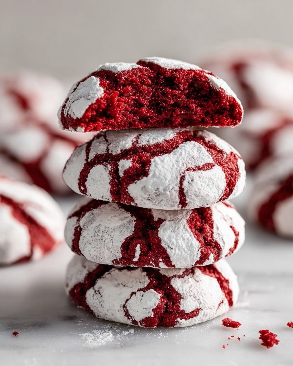 A stack of four red velvet crinkle cookies is shown on a white marbled surface, each cookie with a deep red base and a thick layer of powdered sugar cracked across the top, creating a striking contrast. The cookies are round and soft with visible cracks revealing the moist, crumbly red interior. The top cookie is broken in half to show the texture inside, highlighting the richness of the red velvet dough beneath the white powdered sugar layer. In the blurred background, more cookie stacks create a sense of depth. There are small crumbs scattered on the surface around the stack. photo taken with an iphone --ar 4:5 --v 7