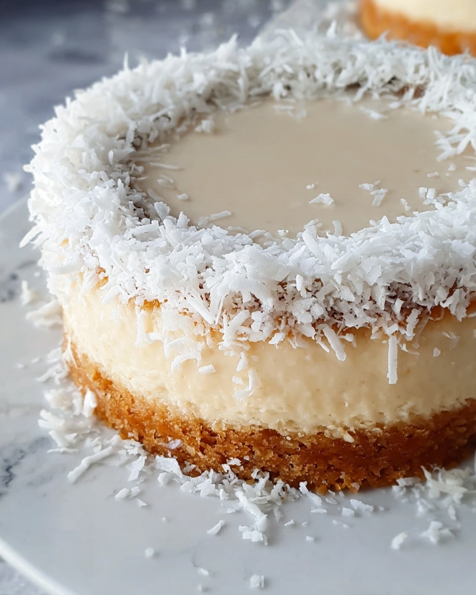 A round bundt cake with three visible layers stands on a white plate over a white marbled surface. The bottom layer is pale yellow with a smooth texture. The middle layer is covered with white dripping glaze that flows downward unevenly. The top layer has a thick coat of white shredded coconut pieces scattered generously around the hole in the center, along with a dusting of fine white powder that spreads onto the plate below. The background features a soft pink wall. photo taken with an iphone --ar 4:5 --v 7