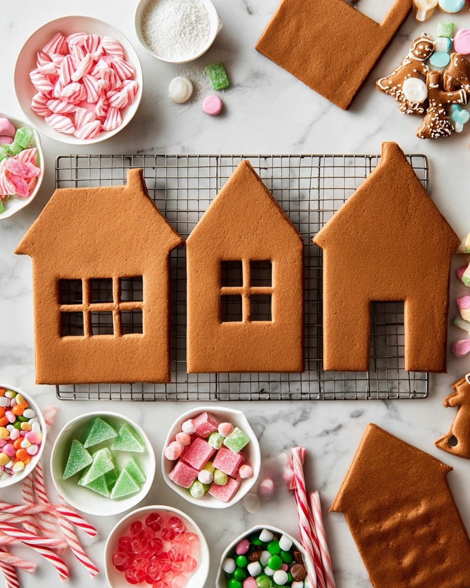The image shows several flat gingerbread house pieces on a cooling rack and white marbled surface, with three main house shapes featuring cut-out windows and one with a door, all in brown color and smooth texture. Around the houses are small white bowls filled with colorful candies like pink and white striped mints, red and green gummy triangles, round multicolor candy-coated chocolates, small green and white peppermint chocolates, and assorted gumdrops. There are also candy cane sticks with red, white, and green stripes, small brown reindeer-shaped chocolates, and rolled wafer sticks arranged neatly. The overall scene is bright and festive with the white marbled background enhancing the warm brown and vibrant candy colors. photo taken with an iphone --ar 4:5 --v 7