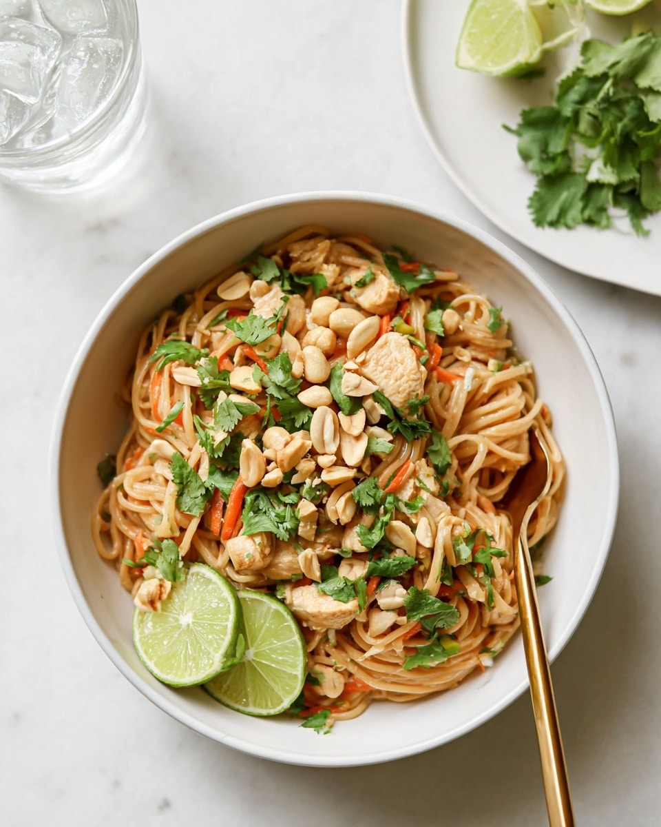 A white bowl filled with thin, light brown noodles forms the bottom layer, mixed with small pieces of light brown cooked chicken and scattered orange carrot strips. On top of this is a layer of green cilantro leaves and whole light brown peanuts, adding texture and color contrast. Two lime wedges, bright green on the outside and light green inside, rest on one side inside the bowl. A golden spoon is partially placed in the bowl among the noodles. In the upper part of the image, a glass of ice water is visible on the left, and a white plate with extra lime wedges and cilantro leaves is on the right, all set on a white marbled surface. photo taken with an iphone --ar 4:5 --v 7