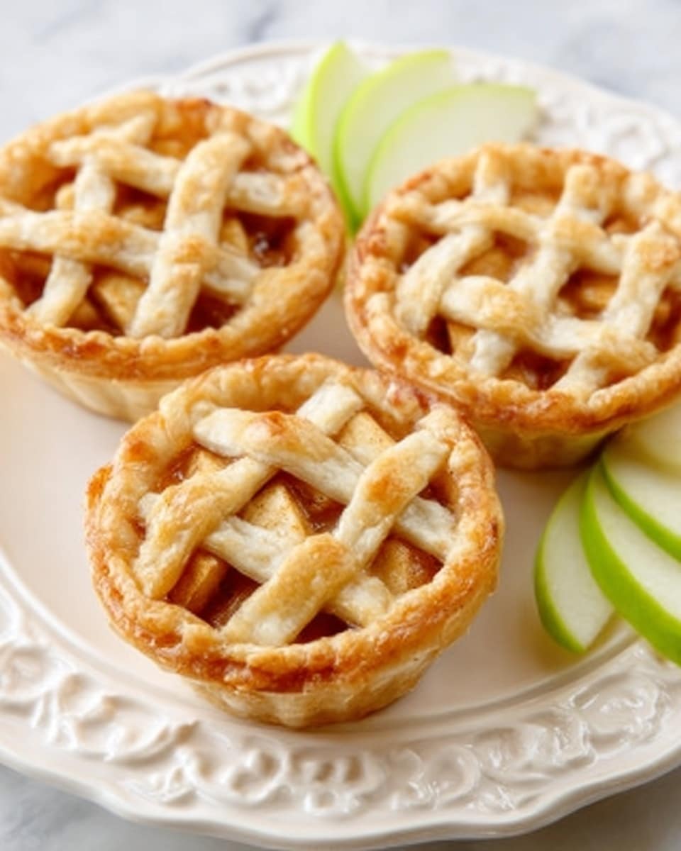 The image shows three small lattice-topped apple pies on a white decorative plate with a few green apple slices. Each pie has a golden-brown crust with a woven lattice layer on top, allowing the baked apple filling to peek through in between the strips. The pies are arranged close together, sitting on a white marbled surface. The crust looks flaky and slightly shiny, and the apple filling is a warm caramel color. photo taken with an iphone --ar 4:5 --v 7