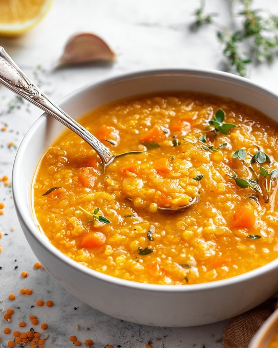 A close-up view of a thick orange lentil soup served in a white bowl, filled almost to the top, with visible small chunks of orange carrots and bits of lentils creating a textured surface. Fresh green herb sprigs are scattered on top, adding a pop of color. A silver spoon with a detailed handle rests inside the bowl, slightly lifting some soup. The bowl is placed on a white marbled surface sprinkled with a few dry lentils and a clove of garlic nearby, with some green herbs blurred in the background. photo taken with an iphone --ar 4:5 --v 7