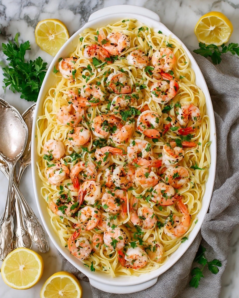 A large white oval dish filled with a layered shrimp pasta dish. The bottom layer is light yellow linguine pasta, spread evenly. On top are many pink and white shrimp, arranged to be visible all over the pasta. Scattered green chopped parsley pieces are sprinkled over the shrimp and pasta, adding color contrast. The shrimp have a slight grilled texture with small specks of black pepper. On the side, there is a sprig of green parsley, two lemon halves with bright yellow peel and light juicy interiors, and vintage silver serving spoons with ornate handles. The entire scene is set on a white marbled surface with a soft gray cloth underneath. photo taken with an iphone --ar 4:5 --v 7