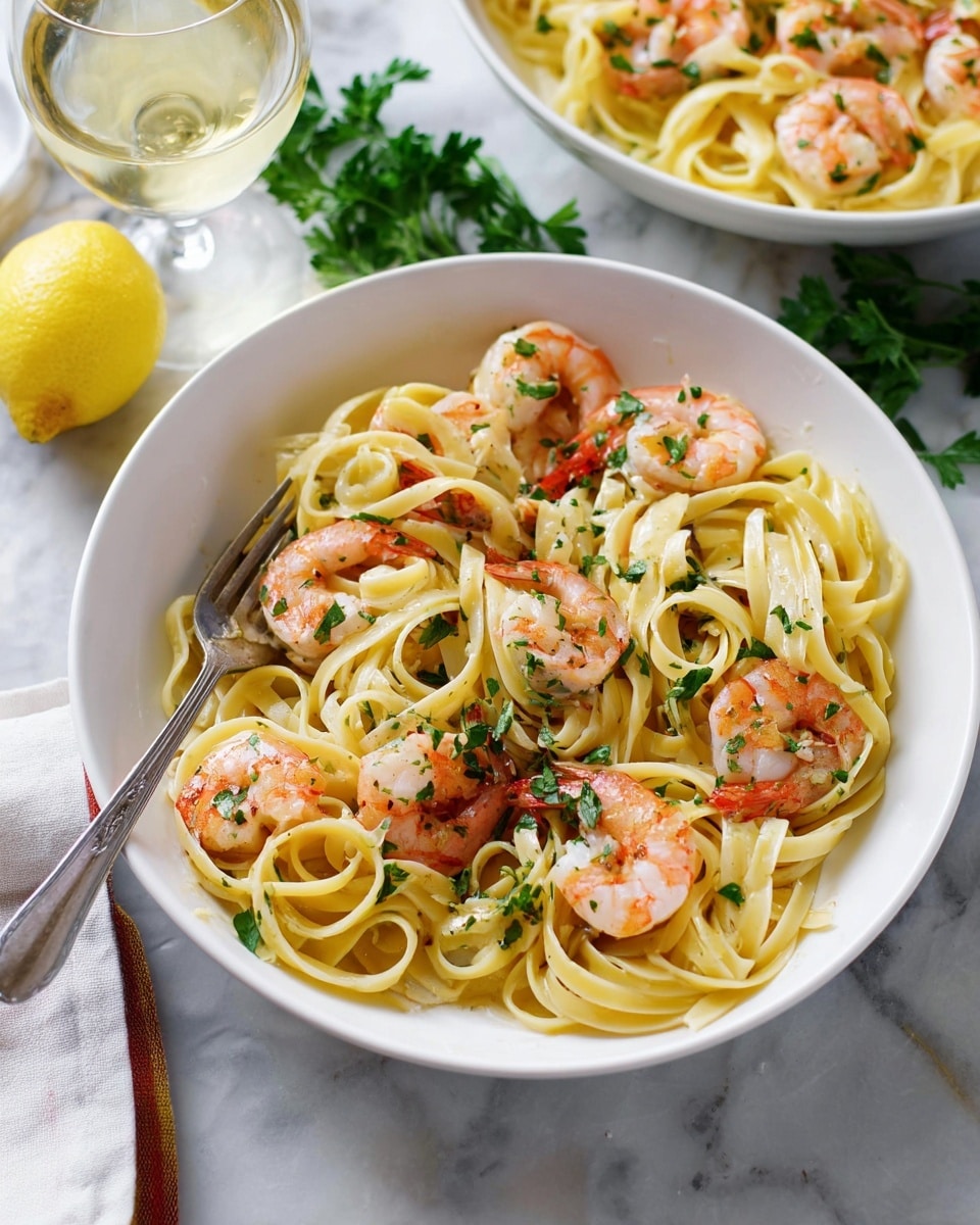A white bowl filled with cooked linguine pasta forms the base layer, light yellow and slightly glossy, twisted and piled high. Scattered on top are several plump, pink-orange shrimp with curved tails, their shells partly peeled showing white flesh; some shrimp have a light char texture. Fresh green chopped parsley sprinkled over everything adds vibrant color contrast. A silver fork rests inside the bowl on the left side, slightly over the pasta. The bowl sits on a white marbled texture surface, with a second similar bowl, a glass of light yellow wine, a lemon half, and green parsley leaves visible out of focus in the background. photo taken with an iphone --ar 4:5 --v 7