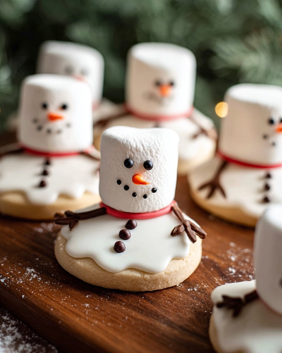 The image shows several snowman-shaped cookies arranged on a wooden board. Each cookie has a pale beige base layer, topped with smooth white icing that is shaped like a melting snowman body. On top of each body is a large white marshmallow acting as the snowman’s head. The heads are decorated with small black dots for eyes and mouth and a small orange dot for a carrot nose. A thin red icing line wraps around the base of the marshmallow to look like a scarf. Brown icing is used to create stick-like arms and three buttons on the snowman’s body. The background is a soft, out-of-focus green, adding a cozy feel. photo taken with an iphone --ar 4:5 --v 7