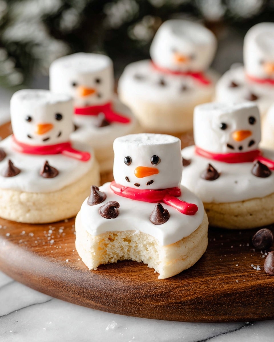 The image shows several snowman-shaped cookies on a wooden board with a white marbled texture underneath. Each cookie has two main layers: the bottom is a light yellow cake base, soft and crumbly, and on top there is a thick white icing layer that forms the snowman's body. On the icing, small chocolate chips act as buttons and arms, placed on either side. Each snowman's head is a white marshmallow standing up, decorated with a small orange candy nose and black dots for eyes and a mouth, made from icing. Around the marshmallow’s base, there is a thin red icing scarf tied neatly. One cookie is cut in half, showing the soft inside and toasted edges of the cake beneath the icing. Photo taken with an iphone --ar 4:5 --v 7