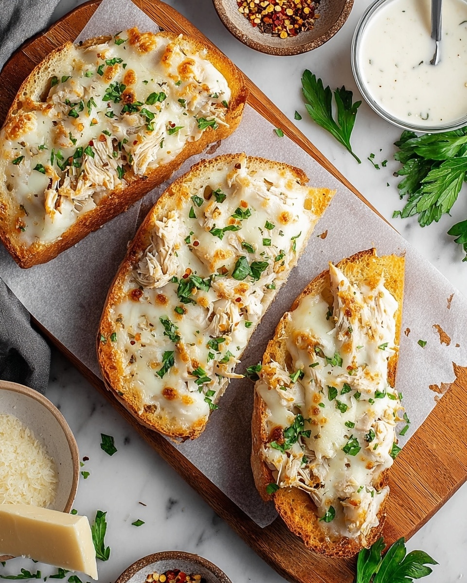Three slices of toasted bread with a thick base, topped with a creamy white melted cheese layer spotted with golden brown baked areas. On top of the cheese, there are scattered pieces of shredded chicken mixed with chopped green herbs. The slices rest on a wooden cutting board lined with parchment paper, placed on a white marbled surface. Around the board, there are small bowls containing white creamy sauce with pepper flakes and grated cheese, along with some fresh green parsley leaves. photo taken with an iphone --ar 4:5 --v 7
