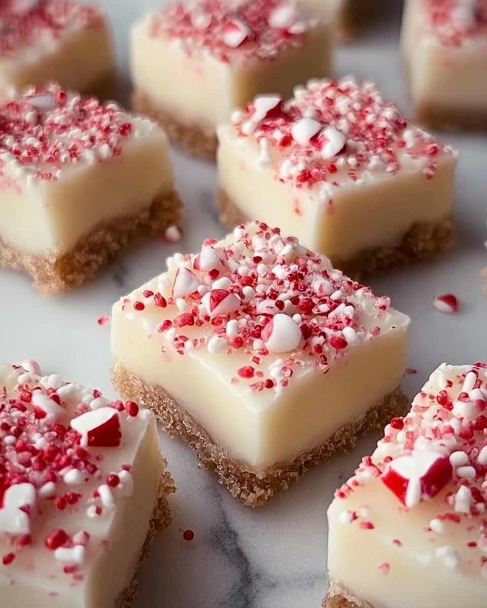 The image shows several small square-shaped treats arranged close together on a white marbled surface. Each treat has two distinct layers: a smooth, creamy white top layer that is slightly rounded on the corners, and a light brown, crumbly bottom layer acting as a base. The top layer is sprinkled generously with small red and white candy pieces, adding texture and color contrast. The treats have a soft, shiny look on top, while the base looks textured and slightly rough. The overall color scheme is white with pops of red from the candy sprinkles, giving a festive feel. Photo taken with an iphone --ar 4:5 --v 7