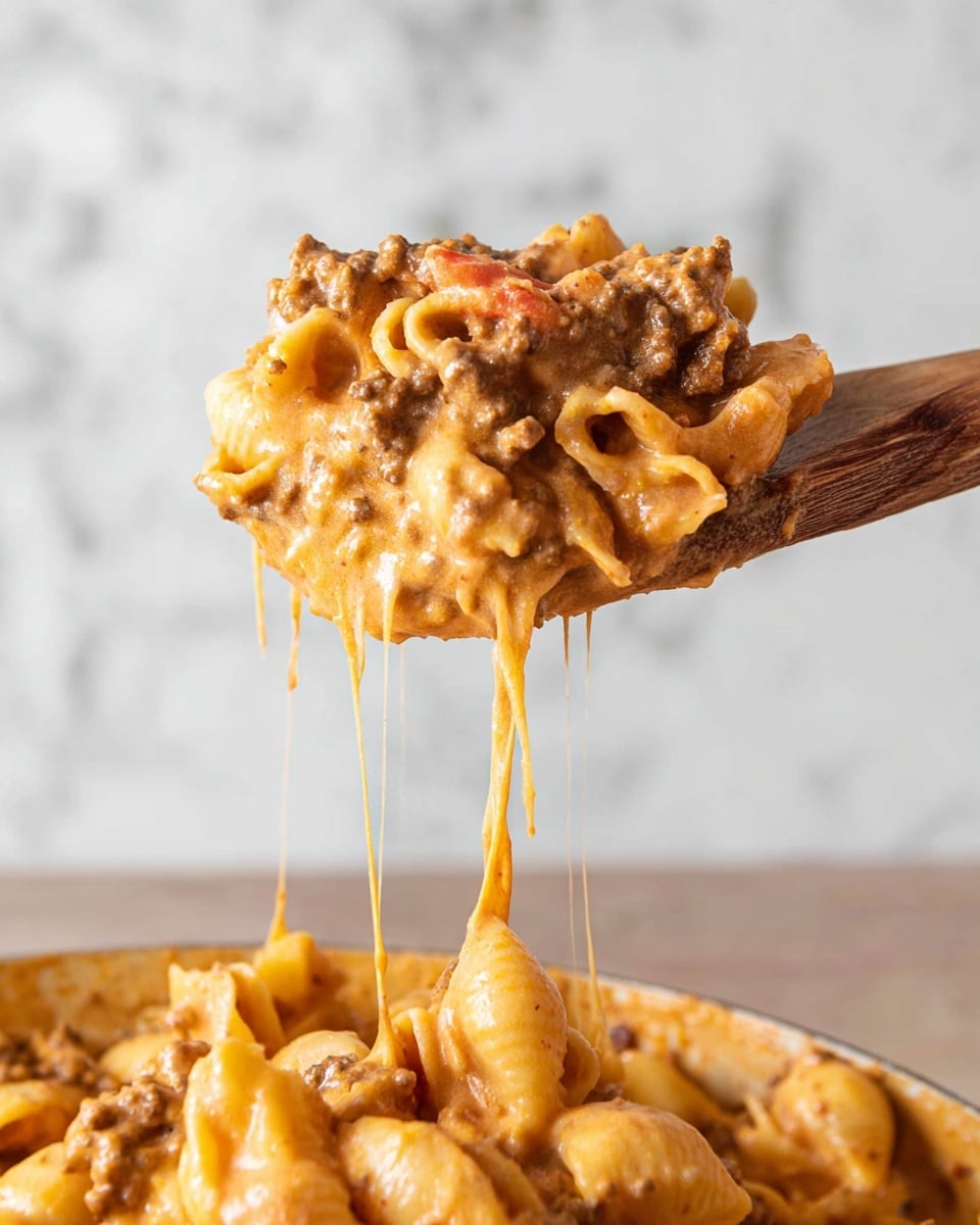 A close-up of a white bowl filled with creamy pasta made of shell-shaped noodles mixed with ground meat and small pieces of red tomato, all coated in a light brown cheese sauce. The pasta looks soft and glossy, with some black pepper specks visible. In the background, another similar white bowl is partially visible, also filled with the same pasta on a white marbled surface. To the left, a small piece of swirled bread crust is partly visible. photo taken with an iphone --ar 4:5 --v 7