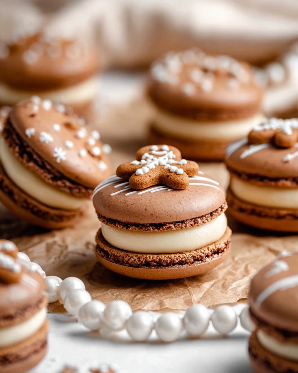 The image shows several chocolate macarons placed on crumpled light brown paper, each with two smooth, shiny chocolate brown shells and a thick creamy beige filling in between. On top of the macarons, there are small gingerbread man shaped sprinkles scattered along with thin white icing lines. The macarons have a slightly rough texture on the edges and a flat smooth top surface. In the foreground, a white beaded decoration lies diagonally, creating contrast with the macarons. The background is softly blurred with more macarons fading into a white marbled texture. photo taken with an iphone --ar 4:5 --v 7