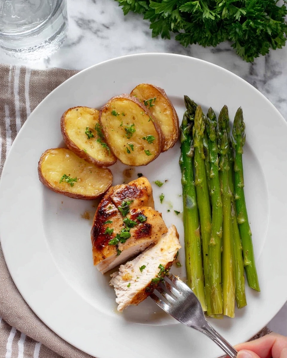 A white plate with three golden brown roasted potato slices arranged in a small arc at the top left, with a piece of browned, juicy chicken breast placed just below the potatoes. The chicken is topped with small green herb pieces, and a woman's hand holding a fork is cutting the chicken, showing the white tender inside. To the right side of the plate is a neat bundle of bright green asparagus spears. The plate sits on a white marbled surface, with a bit of fresh parsley and a glass of water visible in the background. photo taken with an iphone --ar 4:5 --v 7