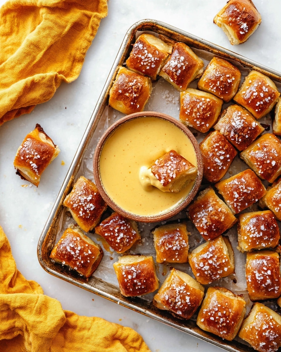 The image shows a silver baking tray with many small, square soft pretzel bites scattered on it, each piece topped with coarse salt crystals. In the center of the tray is a round bowl filled with a smooth, creamy yellow mustard sauce, with one pretzel bite dipped partly into the sauce. The pretzel bites have a golden brown, shiny crust and look soft and fluffy inside. The tray sits on a white marbled surface, and a crumpled yellow cloth can be seen on the bottom left corner. Photo taken with an iphone --ar 4:5 --v 7