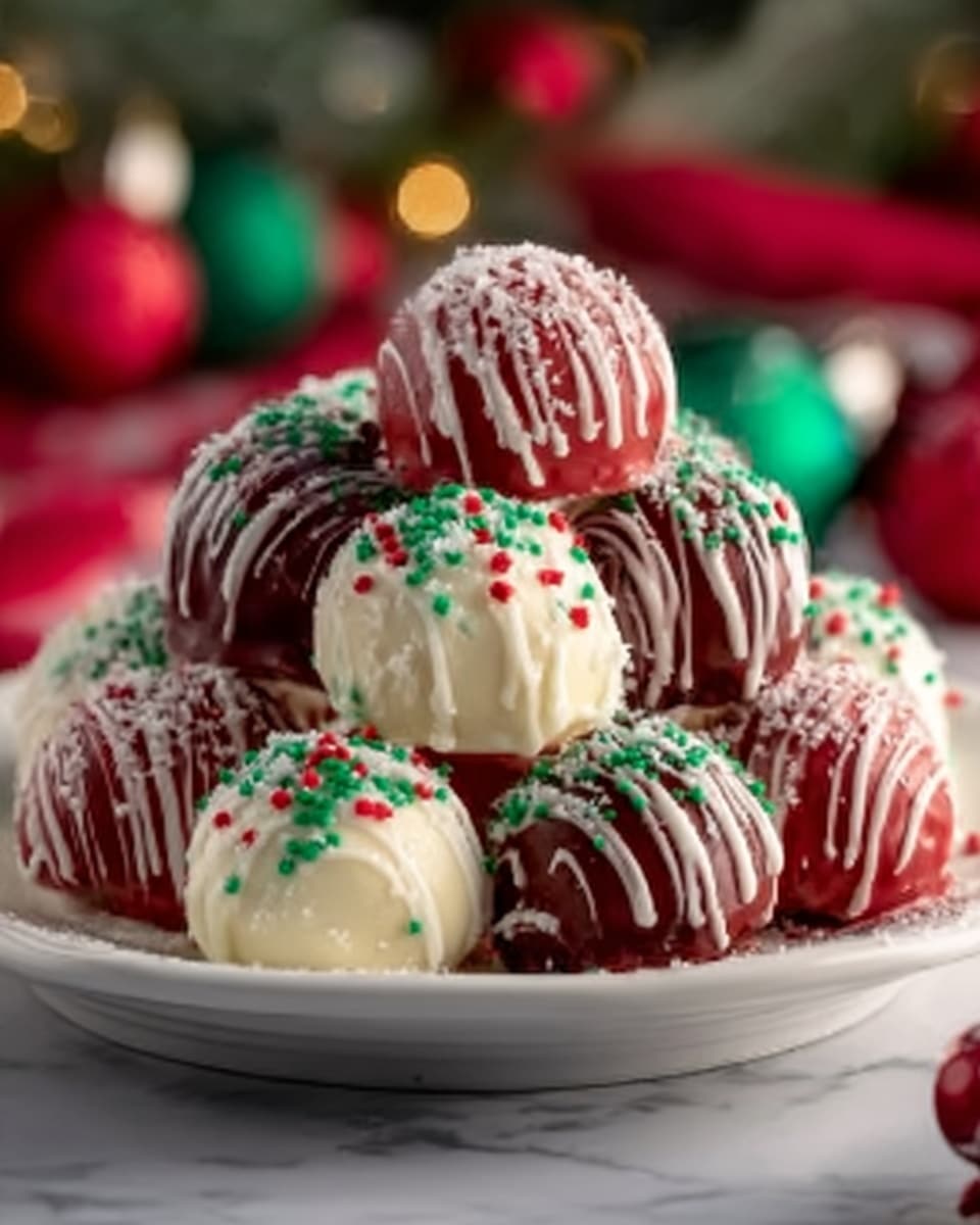 A round white plate filled with two types of chocolate-covered balls arranged in a small pyramid shape: one type is coated in smooth dark red chocolate with white drizzle, and the other type is covered in white chocolate with red and green sprinkles on top. The balls have a shiny surface, showing a soft texture underneath. In the background, there are blurry red and green Christmas decorations, adding a festive mood. The scene is lit softly, with the white marbled surface below the plate. photo taken with an iphone --ar 4:5 --v 7