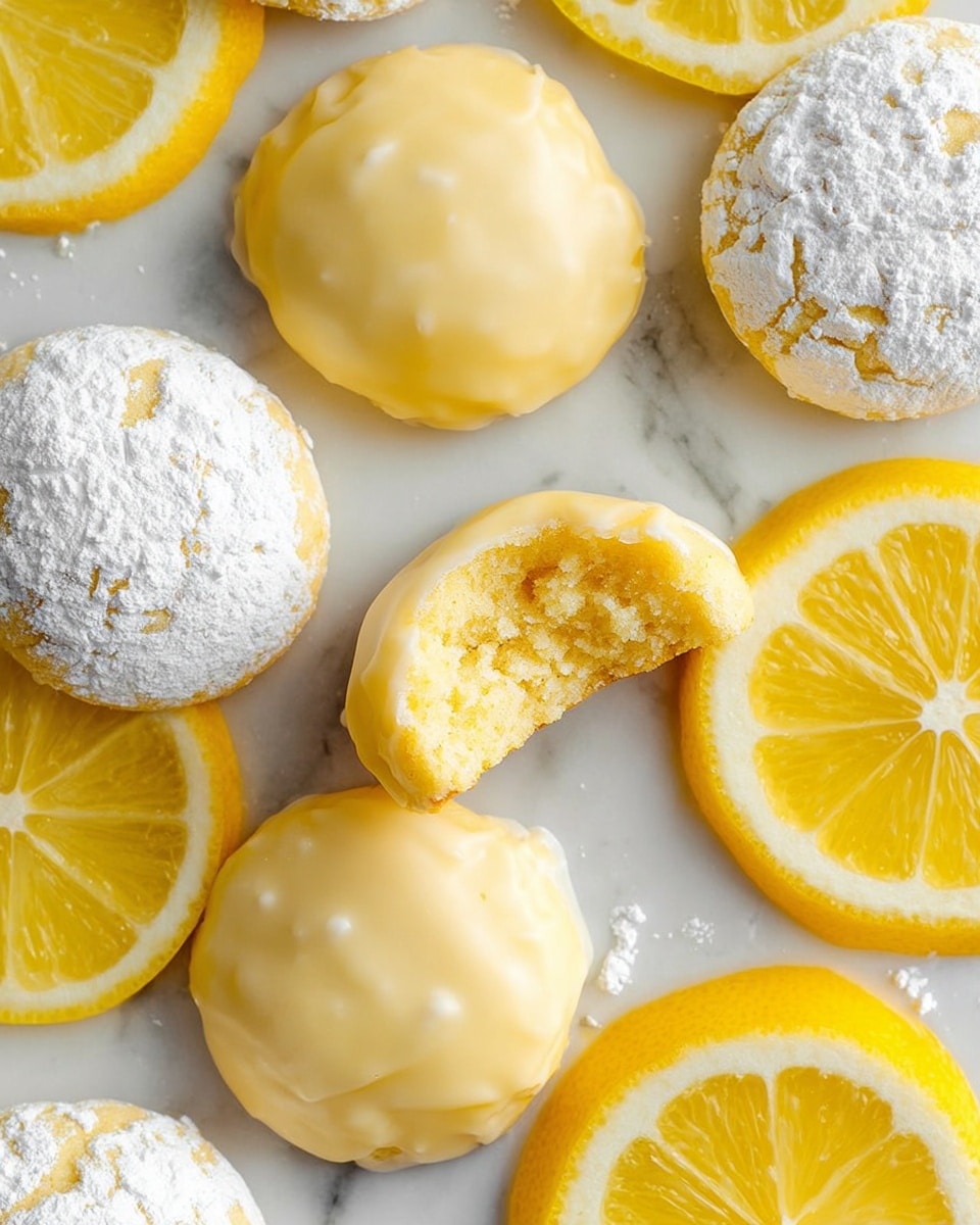 The image shows round lemon cookies placed on a white marbled surface, some covered in smooth pale yellow glaze and others coated in white powdered sugar, with one cookie bitten to reveal a soft, crumbly yellow inside. Around the cookies, there are several bright yellow lemon slices with visible segments and white rinds, adding a fresh and colorful contrast to the scene. Photo taken with an iphone --ar 4:5 --v 7
