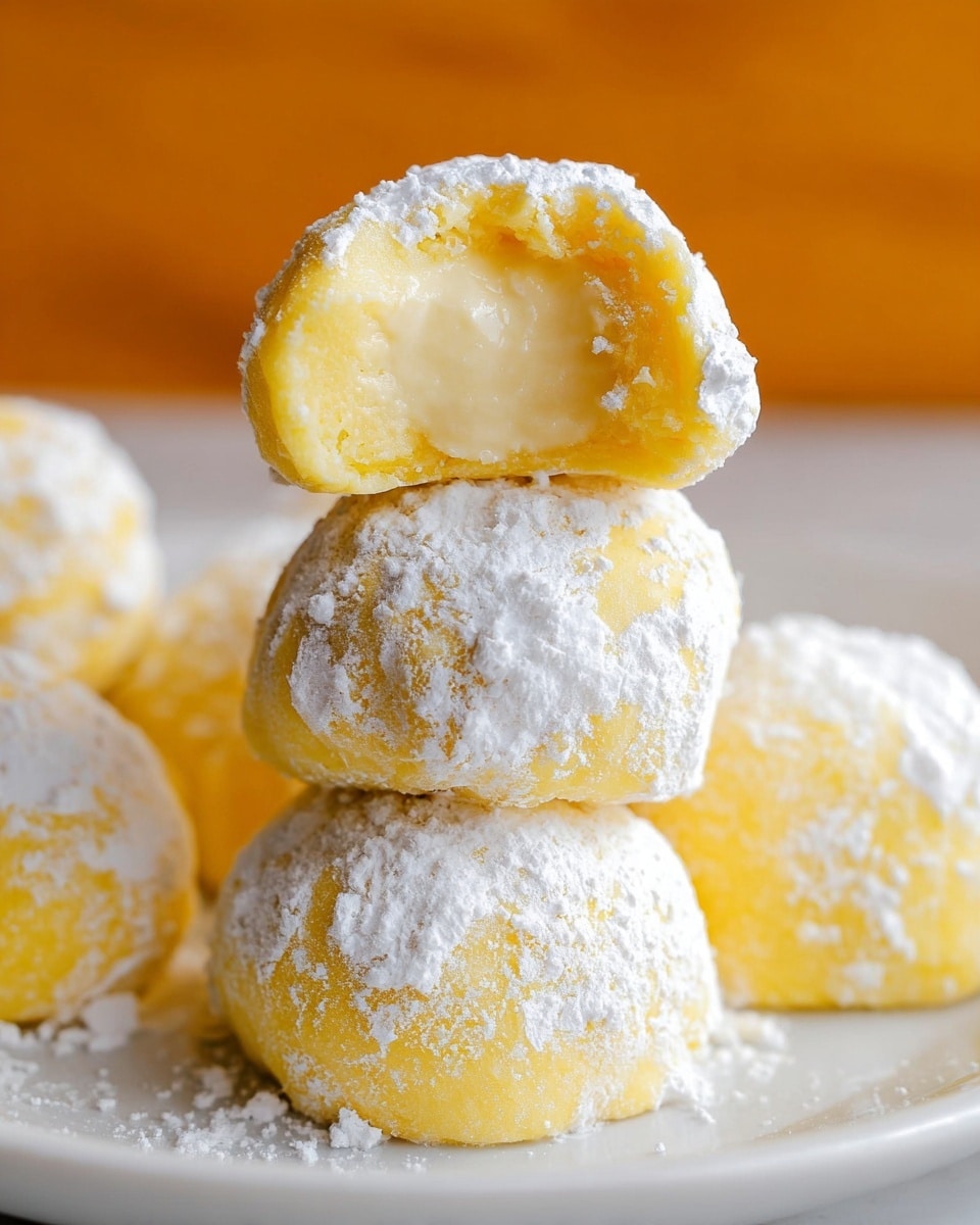 The image shows a close-up of three round yellow treats stacked, with the top one bitten to show a soft, creamy inside that is pale yellow with a smooth texture. Each treat is covered in a layer of white powder, giving a rough, snow-like look on the surface. In the background, more yellow treats with the same powdered coating are softly blurred, all placed on a white plate on a white marbled surface, with a warm orange background. Photo taken with an iphone --ar 4:5 --v 7