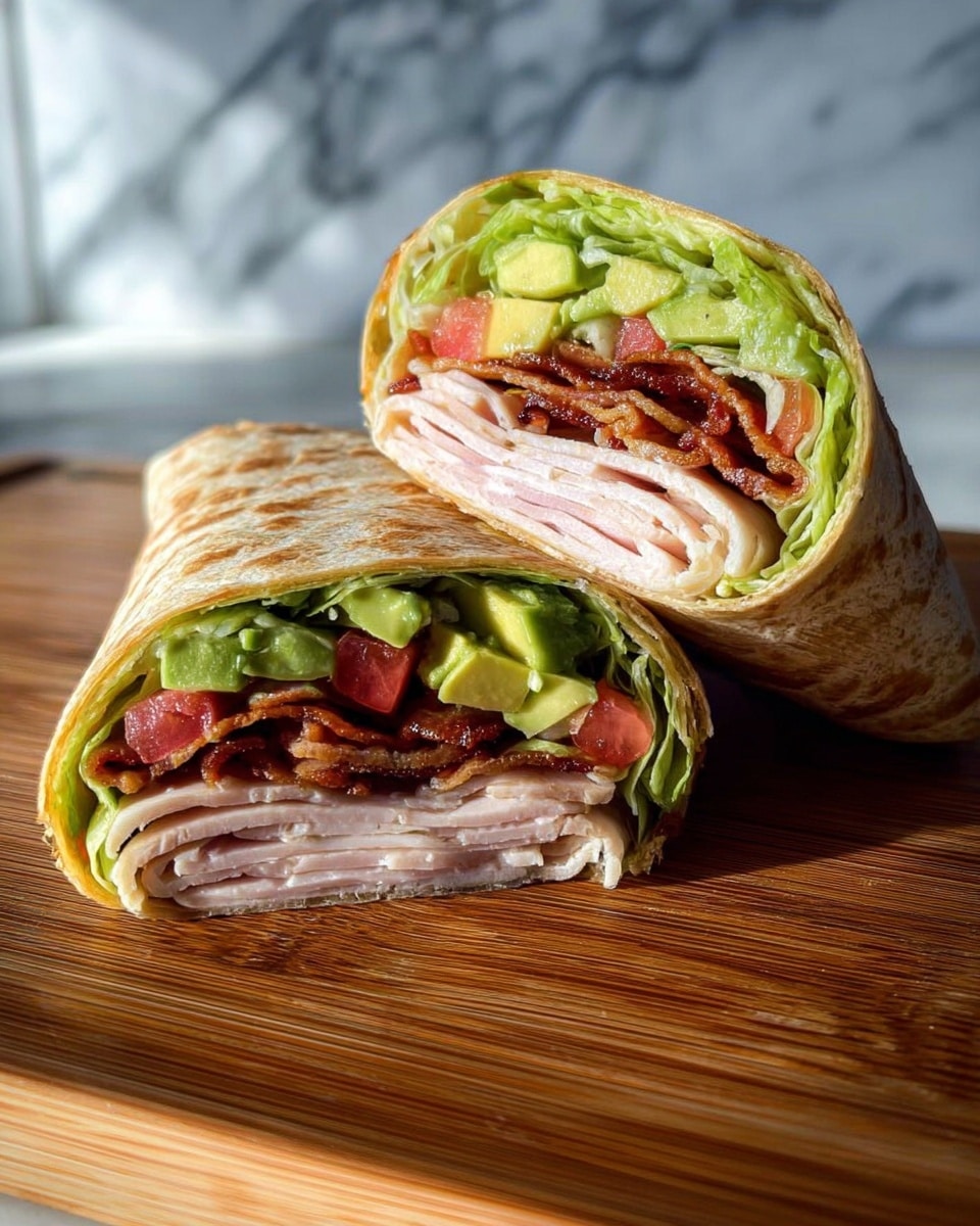 A sandwich wrap cut in half is shown on a wooden board, each half revealing multiple distinct layers inside a soft light brown tortilla. The bottom layer consists of thin slices of pale pink turkey meat folded neatly. Above this is a crispy brown bacon layer, followed by a fresh green lettuce layer that lines the wrap. On top of the lettuce, there are chunks of bright green avocado and small diced red tomato pieces. The wrap is snugly folded around these layers, and soft natural light highlights the textures and colors, with a blurred white marbled surface in the background. Photo taken with an iphone --ar 4:5 --v 7