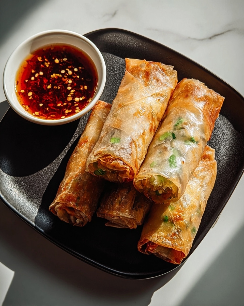 The image shows four crispy spring rolls arranged in a row on a black square plate, each roll with a golden-brown, slightly shiny and textured outer layer, revealing bits of green vegetable filling inside the translucent wrapper. At the top left corner of the plate, there is a small white bowl filled with a reddish-orange dipping sauce containing visible chili flakes, adding a speckled texture. The plate is set against a white marbled surface that enhances the colors of the food. The lighting is bright, casting soft shadows to the right of the plate. photo taken with an iphone --ar 4:5 --v 7