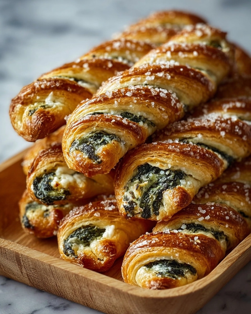 The image shows a close-up of six twisted pastries stacked closely together in a wooden tray. Each pastry has a flaky, golden-brown crust with a shiny, glazed surface topped with coarse sugar sprinkles. Visible inside the twisted layers are dark green spinach or herb filling mixed with a creamy white cheese. The layers alternate between flaky dough and rich filling, creating a textured and inviting look. The wooden tray contrasts with the pastries' warm tones and the soft-focus white marbled background adds a clean, bright setting. photo taken with an iphone --ar 4:5 --v 7