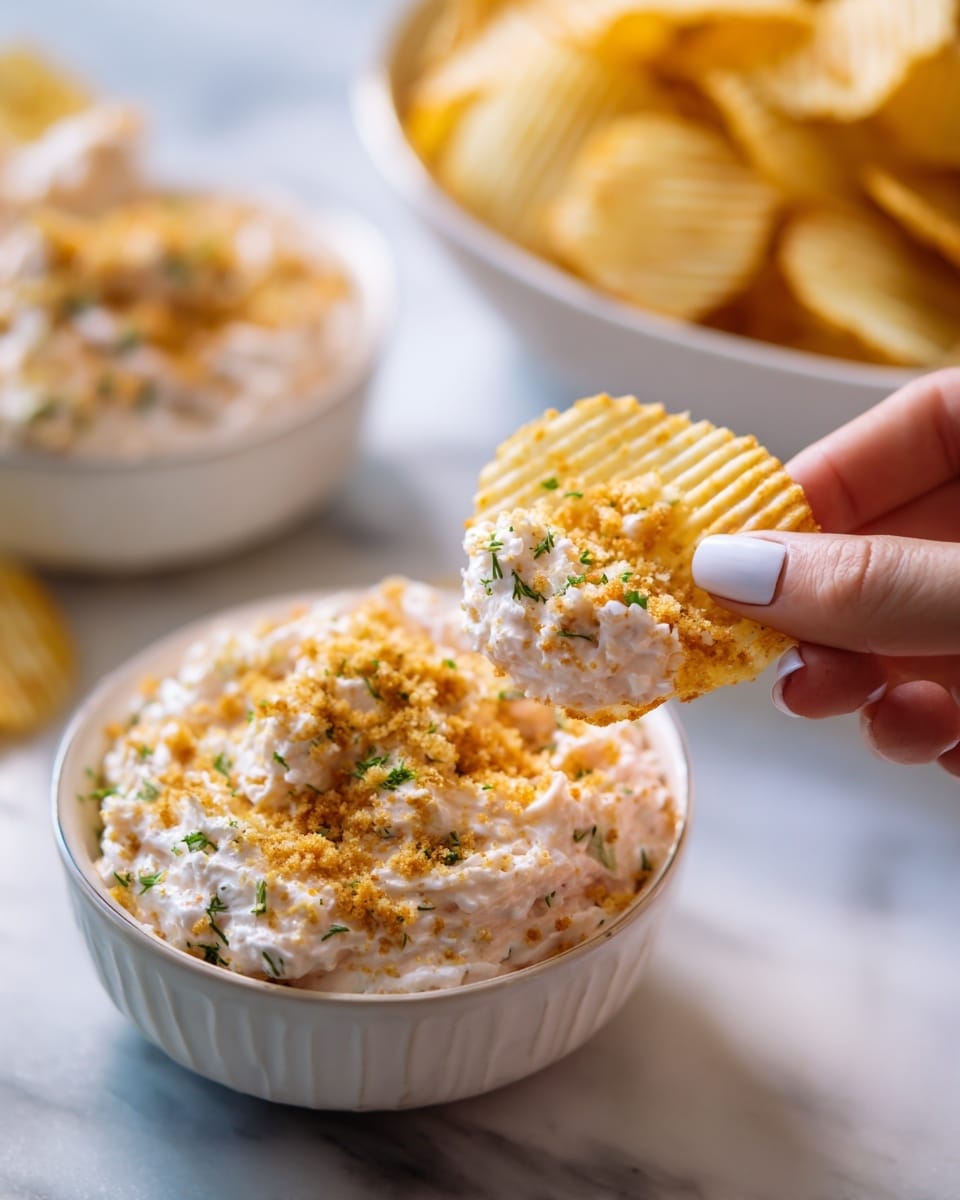 A close-up image of a ridged potato chip held by a woman's hand with white nail polish, topped with a creamy, light pink spread that has small green herb bits mixed in, and sprinkled with golden brown crunchy crumbs; the background shows white bowls filled with chips on a white marbled surface, with a large bowl of the same spread and crumb mixture slightly out of focus below. photo taken with an iphone --ar 4:5 --v 7