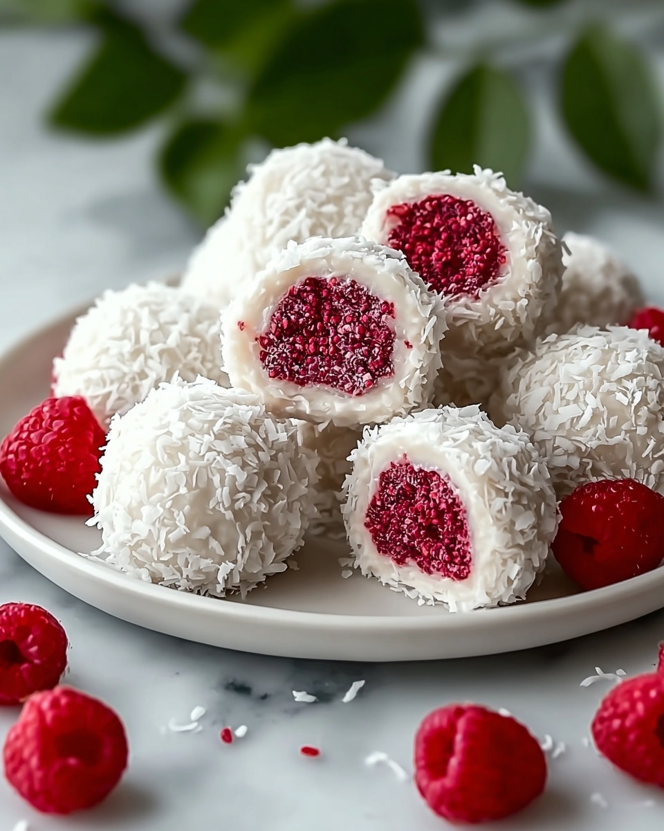 The image shows several round treats arranged on a white plate on a white marbled surface. Each treat has two layers: the outer layer is white and covered with shredded coconut, giving it a rough, flaky texture, while the inner layer is bright red with a slightly bumpy texture, resembling raspberry filling. Some of the treats are whole, and a couple are cut open to reveal the vibrant red center inside. Around the plate, fresh whole raspberries are scattered, adding extra color to the scene. The background includes blurred green leaves, which add a natural touch. photo taken with an iphone --ar 4:5 --v 7