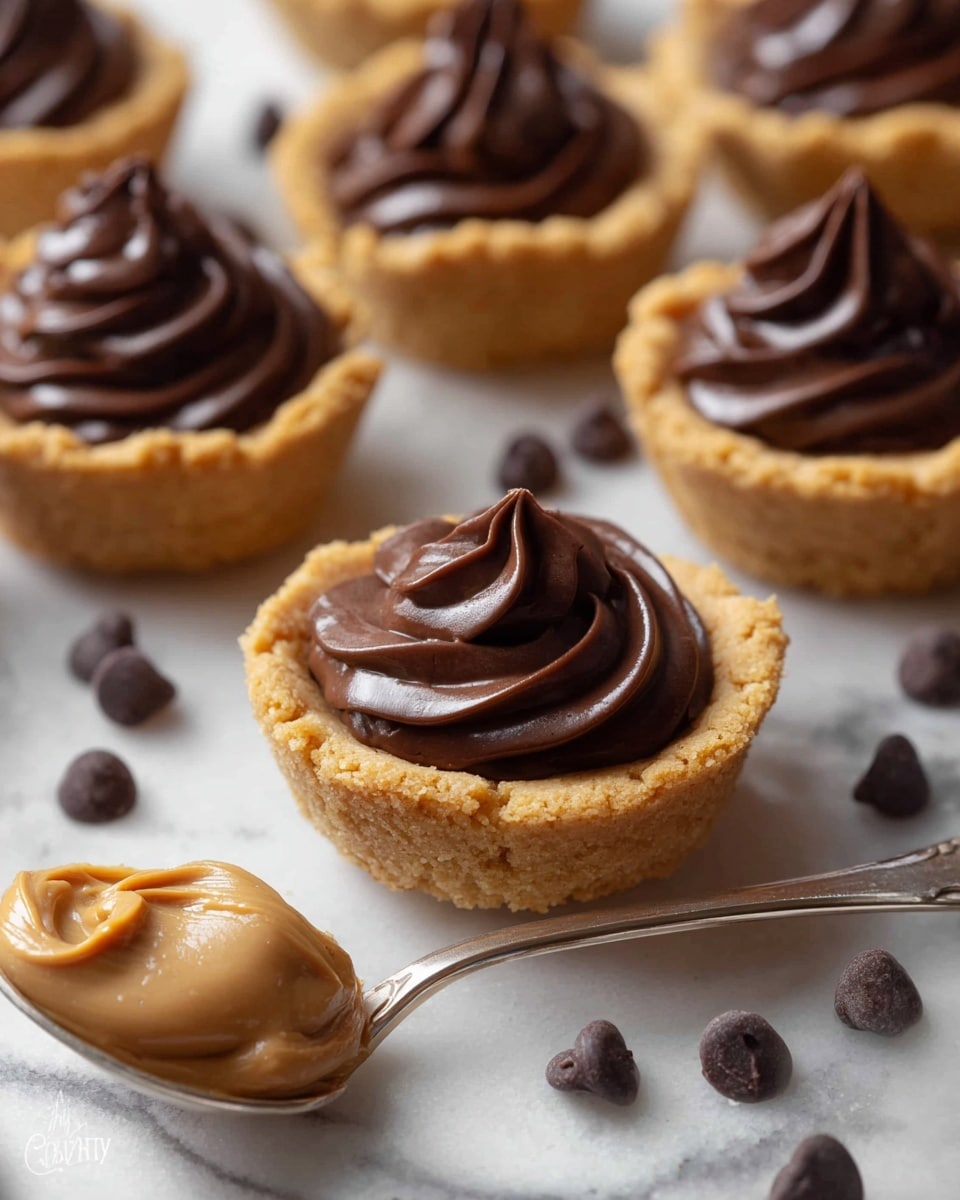 The image shows several small cookie cups with a thick layer of smooth, glossy dark chocolate mousse piped on top, each cup having a golden-brown, crumbly cookie base that forms a cup shape. The mousse layer is swirled with a soft peak rising at the center. Around the cookie cups are scattered dark chocolate chips, and in the foreground to the right, there is a silver spoon holding a creamy dollop of light brown peanut butter with a slightly textured surface. All items are placed on a white marbled surface. photo taken with an iphone --ar 4:5 --v 7