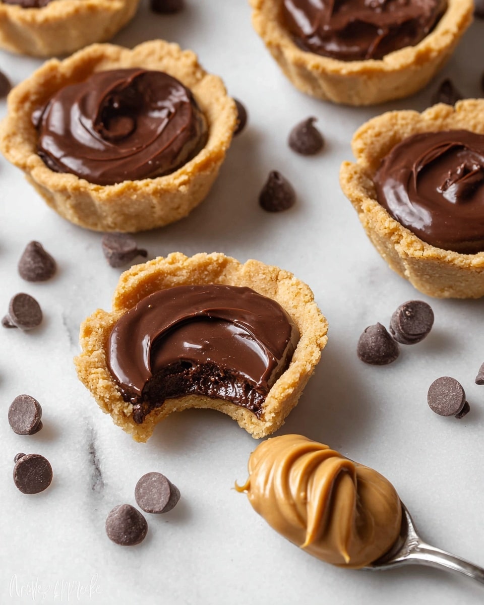 The image shows small tartlets arranged on a white marbled surface with chocolate chips scattered around. Each tartlet has a thick, golden-brown crust forming the base and walls. Inside, there is a rich, smooth dark chocolate filling that is shiny and creamy, with one tartlet bitten into to reveal the dense texture of the chocolate layer. A spoon holding a swirl of peanut butter lies near the bottom right corner, adding a creamy tan color contrast to the scene. The overall look is neat with a focus on the close-up of the bitten tartlet. Photo taken with an iphone --ar 4:5 --v 7