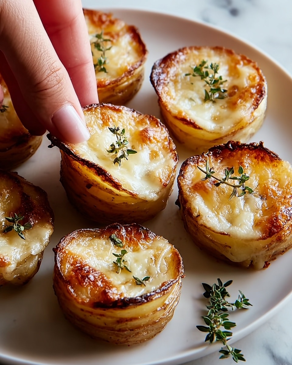 The image shows six small round potato stacks on a white plate placed on a white marbled surface. Each stack has multiple thin layers of golden-brown potato slices, cooked to a crispy edge with a slightly chewy middle. The top layer is smooth and creamy with melted cheese that has browned spots, giving a bubbly, caramelized texture. Small green sprigs of thyme are scattered on top of each stack, adding a fresh pop of color. A woman's hand is gently picking up one of the potato stacks, showing delicate fingers with natural-colored nails. The light highlights the crispy edges and the soft, glossy top layers, creating a warm, inviting look. photo taken with an iphone --ar 4:5 --v 7