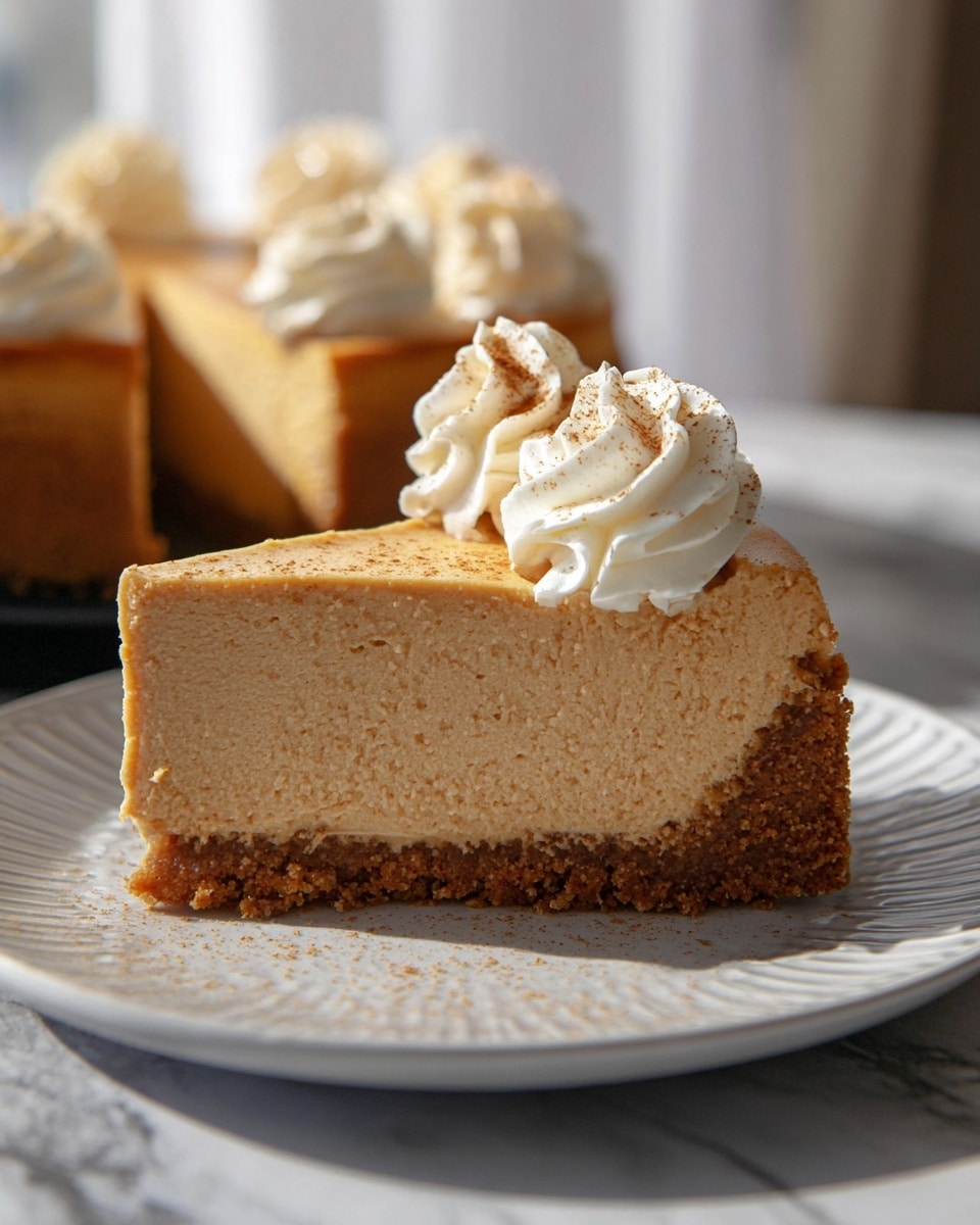The image shows a thick slice of light brown cheesecake with a crumbly darker brown crust at the bottom, placed on a white plate with a slightly ridged edge. The cheesecake has a smooth top layer and is decorated with swirls of white whipped cream, one large swirl on the slice and several smaller swirls around the edge of the whole cake, dusted lightly with cinnamon or nutmeg. The setting has a softfocus white marbled background with natural light shining through a window, making the cake look fresh and inviting. Photo taken with an iphone --ar 4:5 --v 7