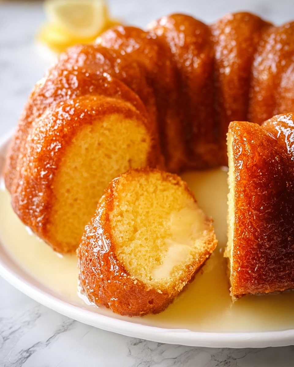 A shiny, golden-brown bundt cake with a glossy, syrupy glaze covering its textured outer surface sits on a white plate. The cake is moist and soft, shown by a thick slice being lifted with a silver knife, revealing a smooth, bright yellow inside. Syrup pools gently around the base of the cake on the plate. In the background, a cut pineapple and green leaves are slightly blurred, all set on a white marbled surface. photo taken with an iphone --ar 4:5 --v 7