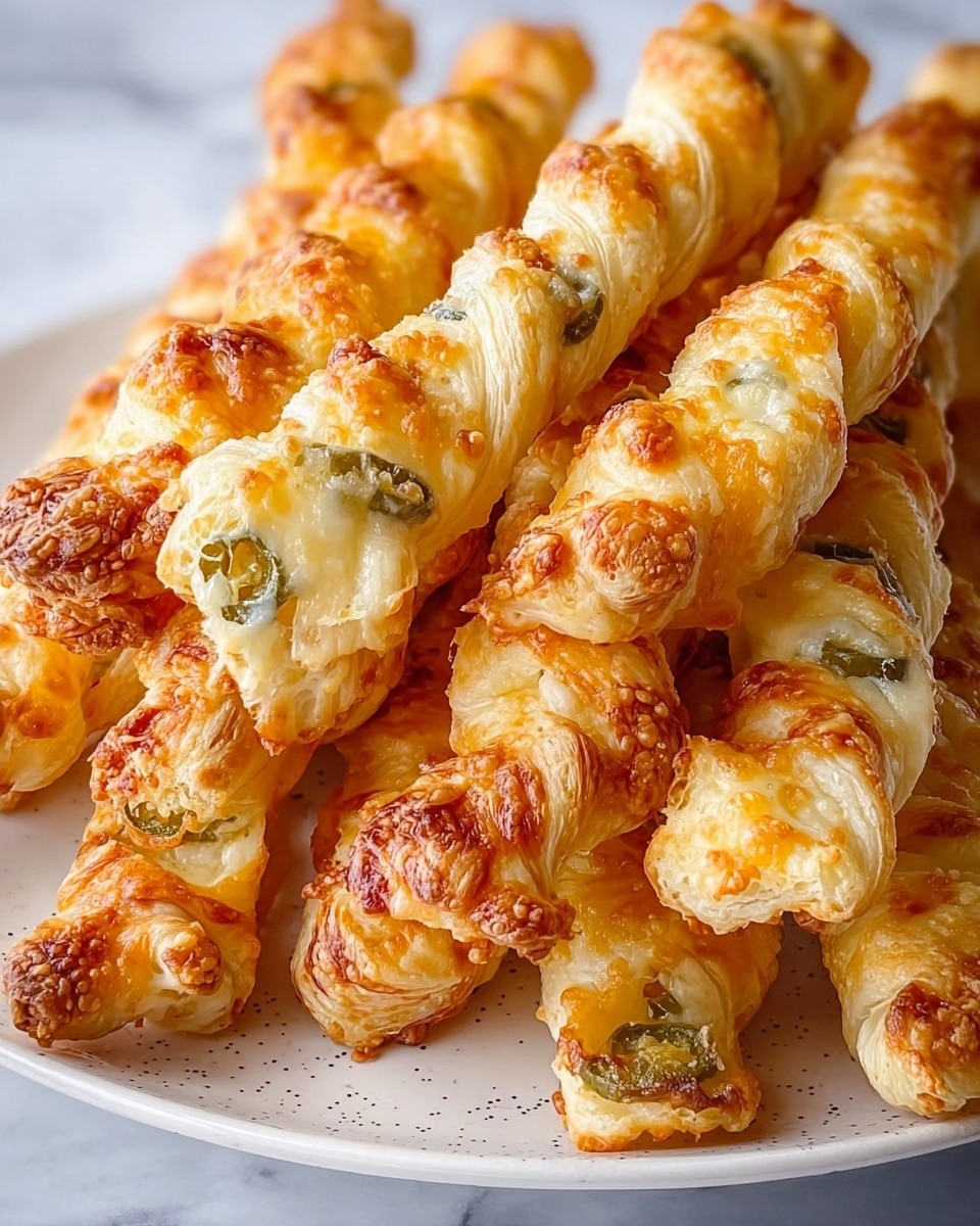 The image shows a close-up view of several twisted cheese sticks stacked closely on a white plate with small dark specks. Each stick has a golden-brown, crispy outer layer with melted cheese bubbling on the surface. Some sticks have green jalapeño slices visible, embedded near the ends or middle of the twists. The texture appears flaky and crunchy with visible layers of baked dough and cheese. The background has a white marbled texture that highlights the warm colors of the cheese sticks. photo taken with an iphone --ar 4:5 --v 7