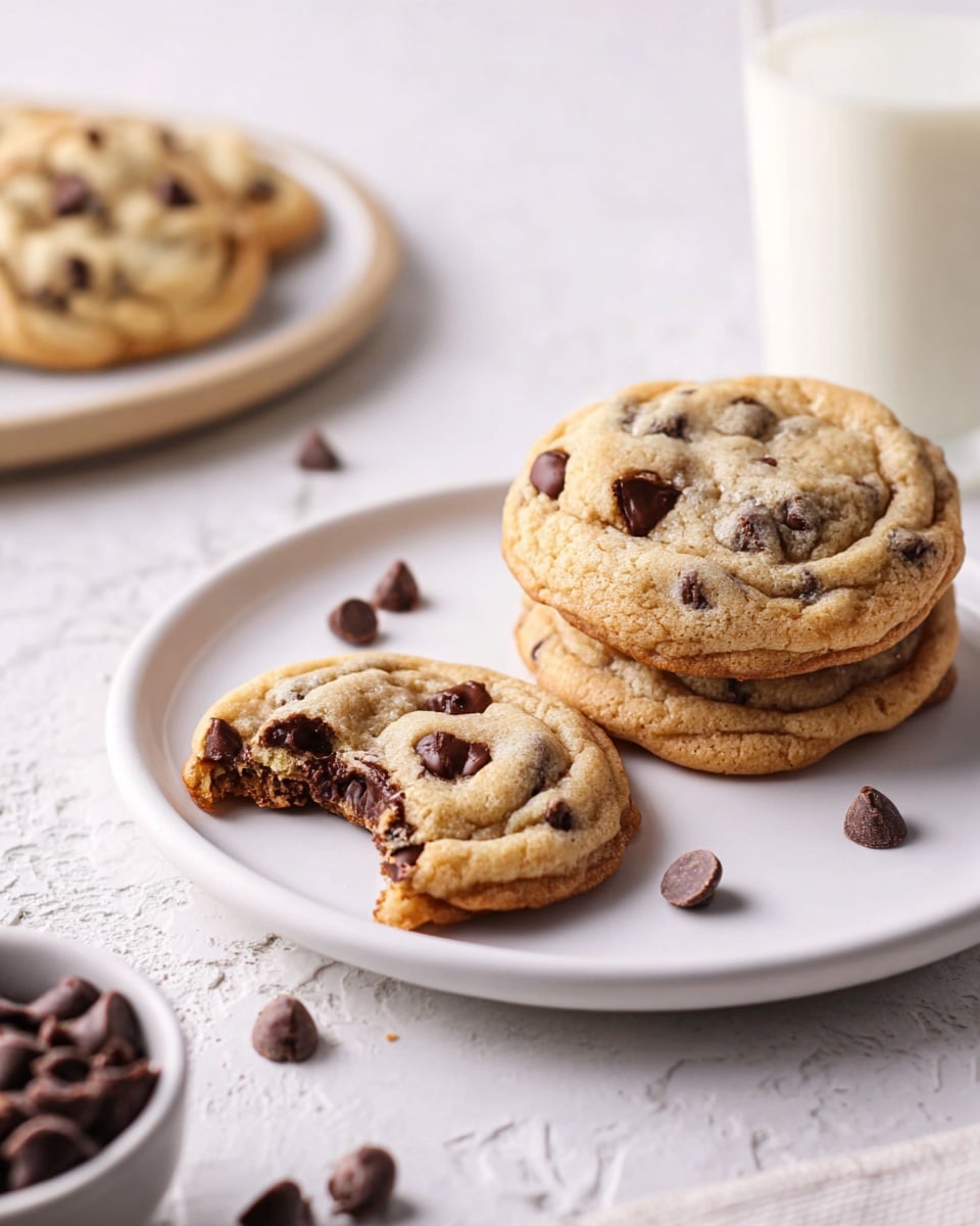 The image shows three chocolate chip cookies on a white plate with a white marbled texture surface. Two cookies are stacked on the right side, with a golden-brown color and scattered dark chocolate chips. To the left, one cookie lies flat with a bite taken out, revealing a soft, chewy texture inside with melted chocolate chips. In the background, there is a glass of milk, and to the left on the surface, there are some loose chocolate chips and a small bowl filled with more chocolate chips. The scene has soft lighting that highlights the warm tones of the cookies. photo taken with an iphone --ar 4:5 --v 7