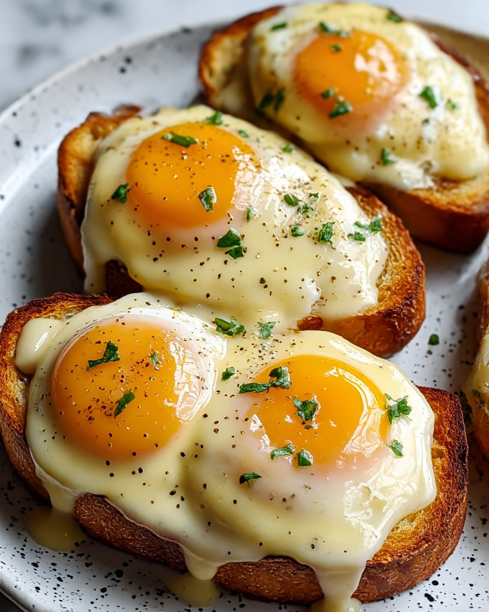 Three open-faced sandwiches sit on a white plate with black speckles, placed on a white marbled surface. Each sandwich has a thick, golden-brown toasted bread base, topped with three glossy, slightly runny sunny side up eggs with a deep orange yolk. Covering and slightly dripping over the edges of the bread is a smooth, pale yellow cheese sauce, lightly speckled with cracked black pepper. Small green herb pieces are sprinkled on top, adding fresh color contrast to the creamy texture. Photo taken with an iphone --ar 4:5 --v 7